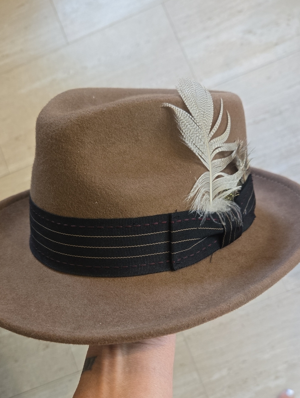 Hats in the Belfry 100% Wool Brown Hat with Feather Accents